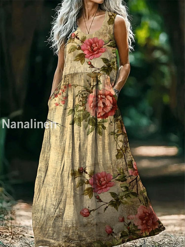 Vintage Bohemian Floral Print Sleeveless Loose Midi Dress A / S