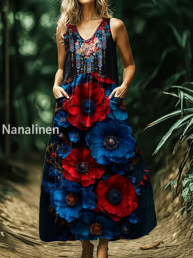 Vintage Bohemian Floral Print Sleeveless Loose Midi Dress A / S