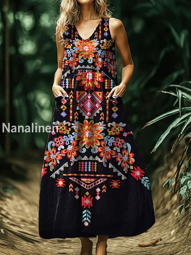 Vintage Bohemian Floral Print Sleeveless Loose Midi Dress A / S