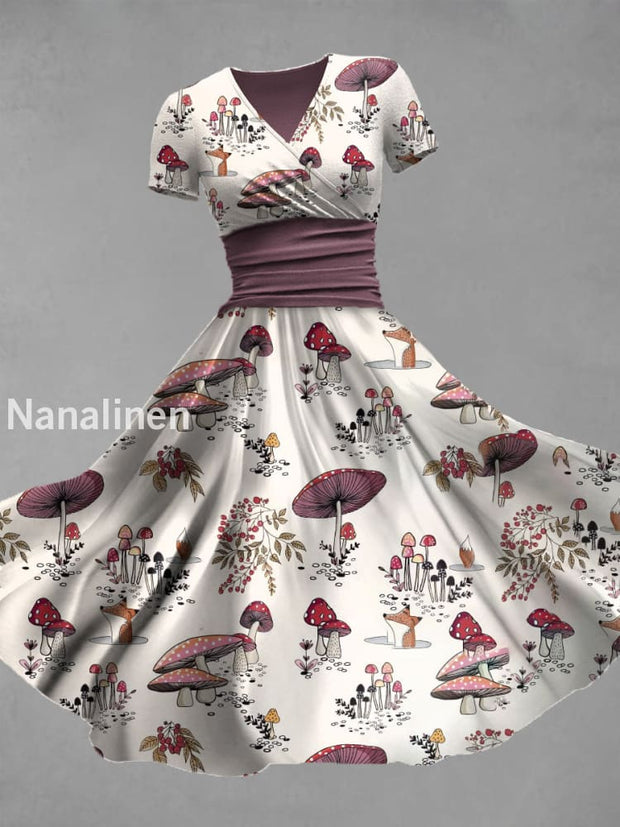 Vintage Bohemian Mushroom Print V Neck Elegant Chic Loose Short Sleeve Midi Dress A / S