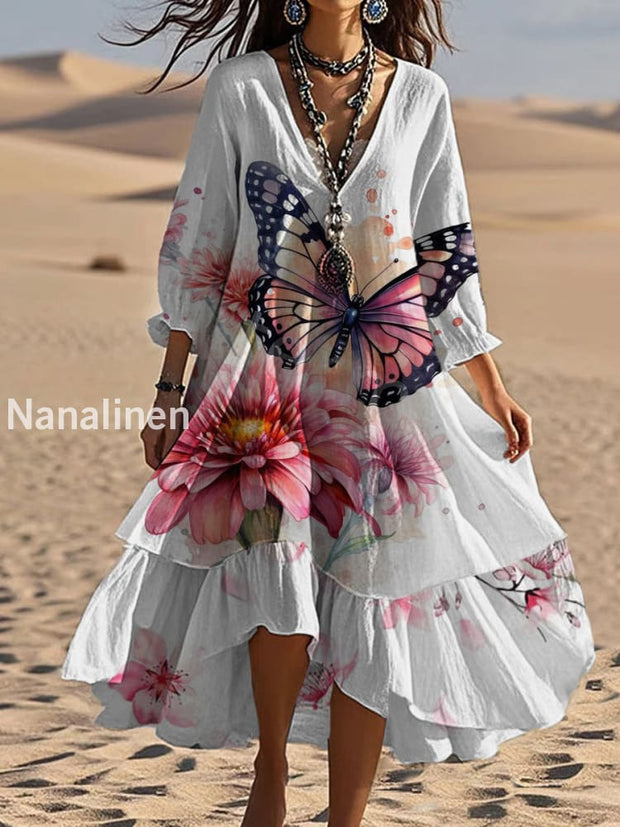 Vintage Bohemian V-Shaped Floral Art Print Casual Elegant Fashion Double Dress A / S