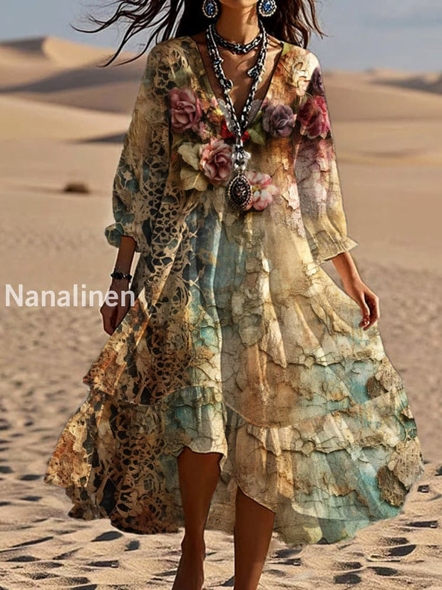 Vintage Bohemian V-Shaped Floral Art Print Casual Elegant Fashion Double Dress A / S