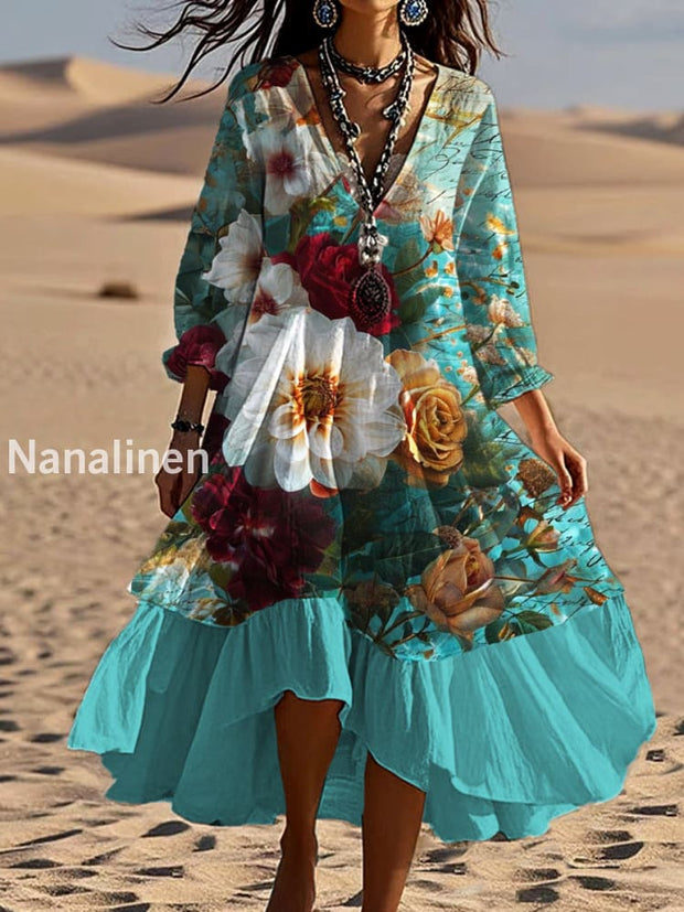 Vintage Bohemian V-Shaped Floral Art Print Casual Elegant Fashion Double Dress A / S