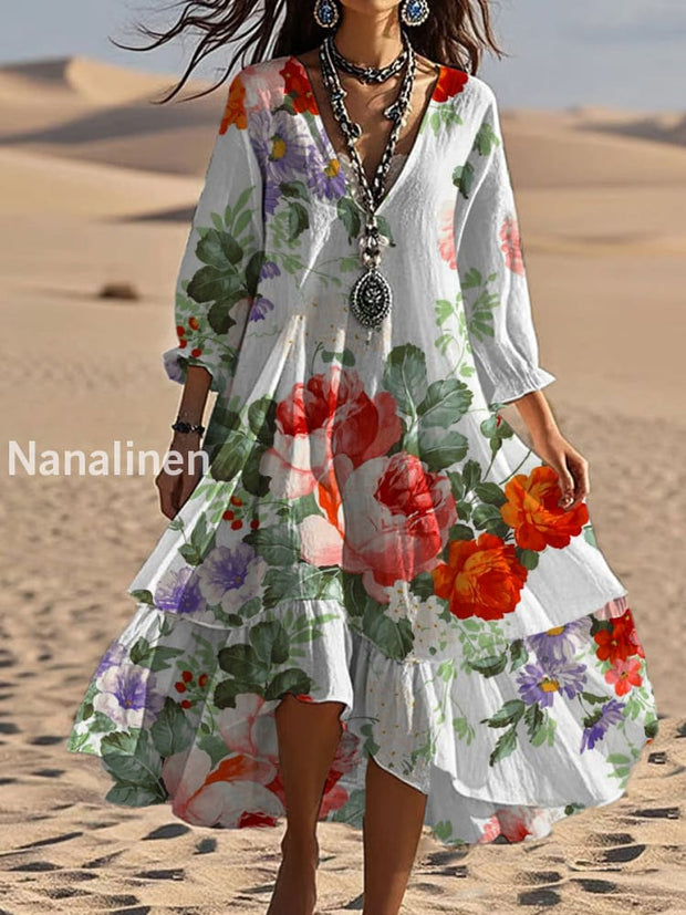 Vintage Bohemian V-Shaped Floral Art Print Casual Elegant Fashion Double Dress A / S