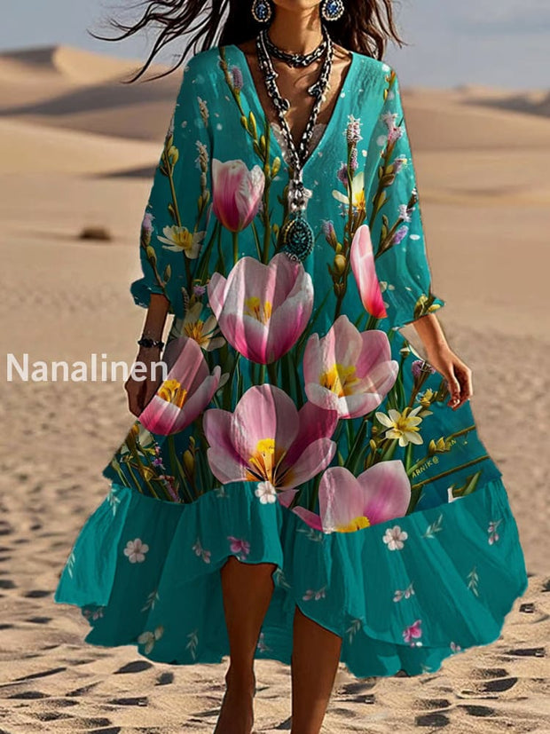 Vintage Bohemian V-Shaped Floral Art Print Casual Elegant Fashion Double Dress A / S
