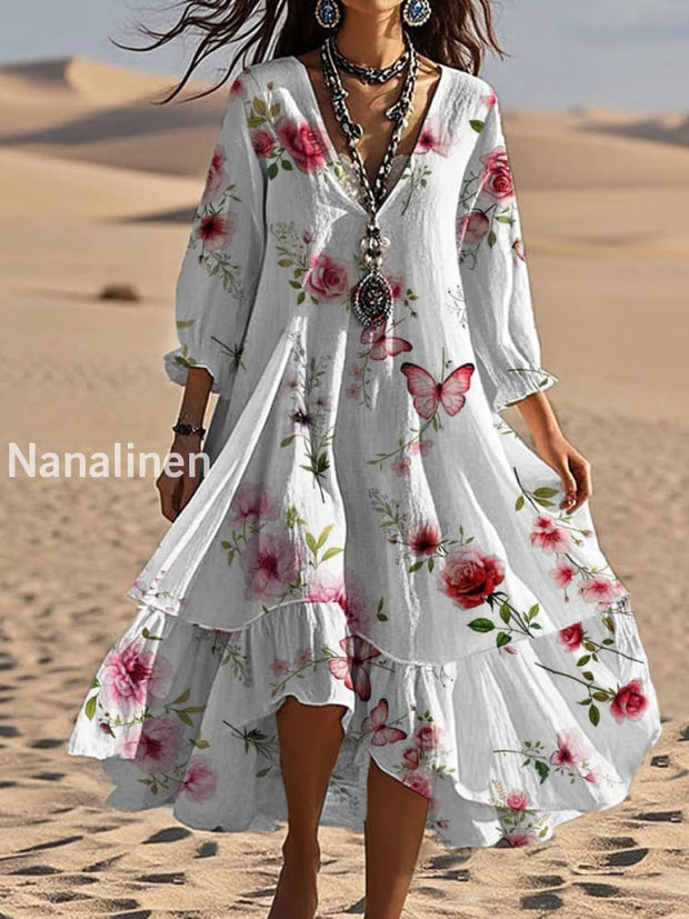 Vintage Bohemian V-Shaped Floral Art Print Casual Elegant Fashion Double Dress A / S