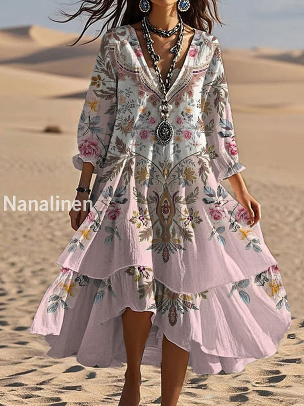 Vintage Bohemian V-Shaped Floral Art Print Casual Elegant Fashion Double Dress A / S