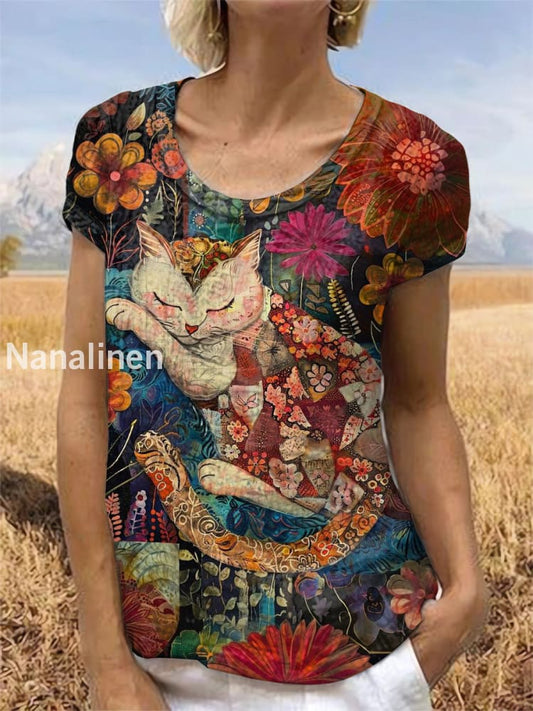 Vintage Cat Art Printed Short Sleeve Top Colorful / S