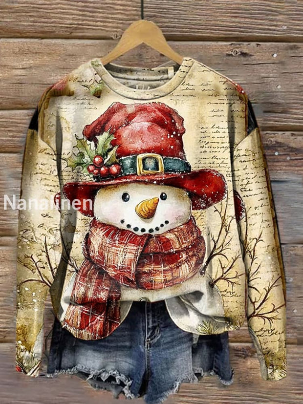 Vintage Christmas Art Print Casual Round Neck Long Sleeve Sports Top A / S