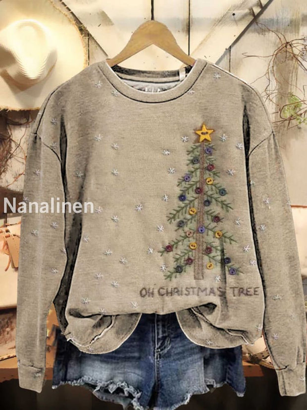 Vintage Christmas Art Print Casual Round Neck Long Sleeve Sports Top A / S