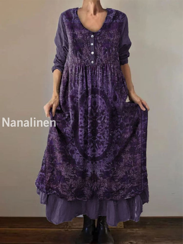 Vintage Classical Palace Pattern Print Elegant Chic Loose Midi Dress Purple / S