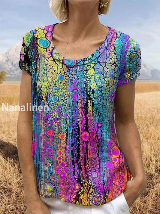 Vintage Colored Art Printed Short Sleeve Top Colorful / S