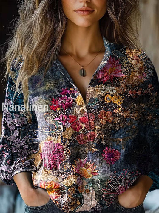 Vintage colored Floral Pattern Printed Women’s Casual Long Sleeve Comfortable Cotton Shirt Colorful / S