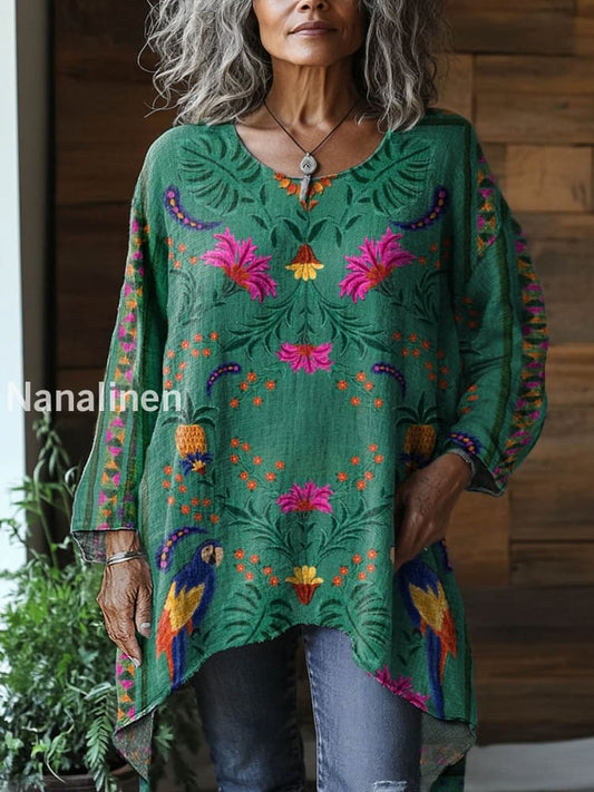Vintage Crew Neck Bohemian Floral Art Print Elegant Cotton Top A / S
