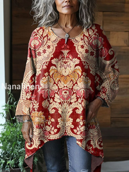 Vintage Crew Neck Bohemian Floral Art Print Elegant Cotton Top A / S