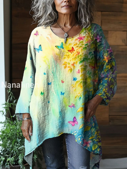 Vintage Crew Neck Bohemian Floral Art Print Elegant Cotton Top A / S