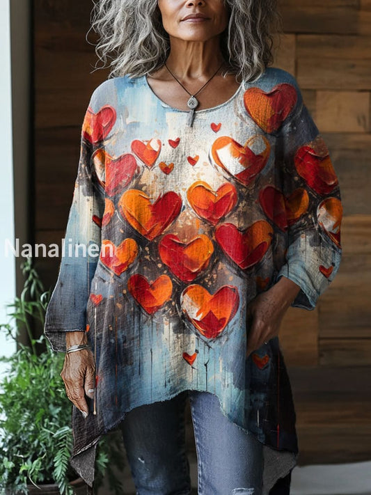 Vintage Crew Neck Bohemian Floral Art Print Elegant Cotton Top A / S