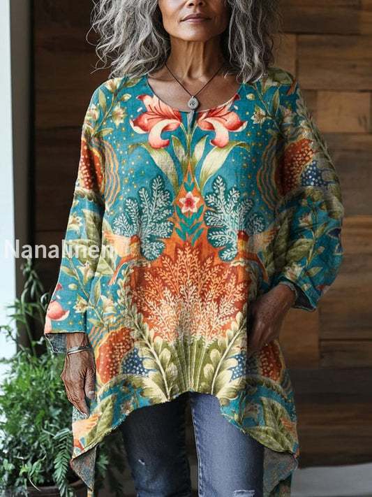 Vintage Crew Neck Bohemian Floral Art Print Elegant Cotton Top A / S