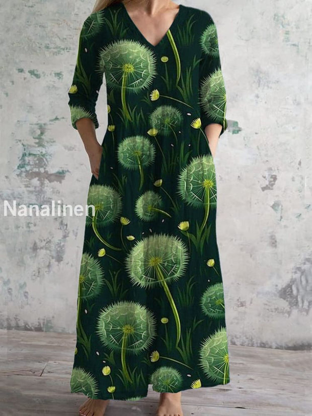 Vintage Dandelion Art Print Chic V Neck Three Quarter Sleeve Elegant Midi Dress Dark Green / S