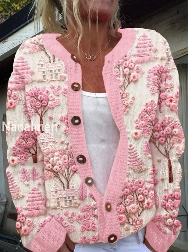 Vintage Elegant Breast Cancer Embroidery Floral Print Chic Button Thick Long Sleeve Cardigan