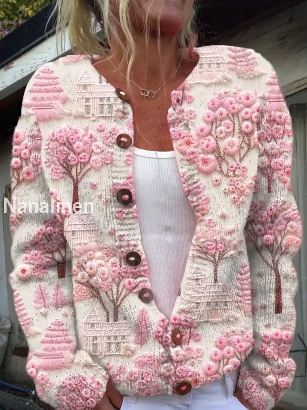 Vintage Elegant Breast Cancer Embroidery Floral Print Chic Button Thick Long Sleeve Cardigan