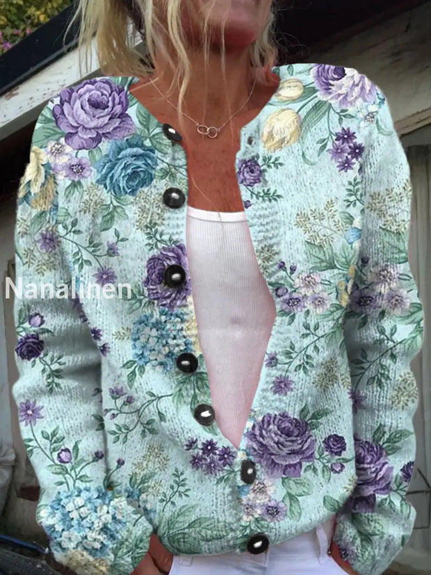 Vintage Elegant Floral Print Chic Button Thick Long Sleeve Cardigan Sweater A / S