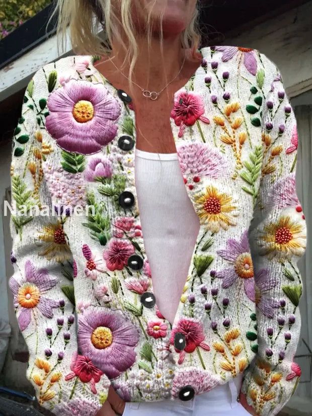 Vintage Elegant Seamless Embroidery Floral Print Chic Button Thick Long Sleeve Cardigan Sweater A /