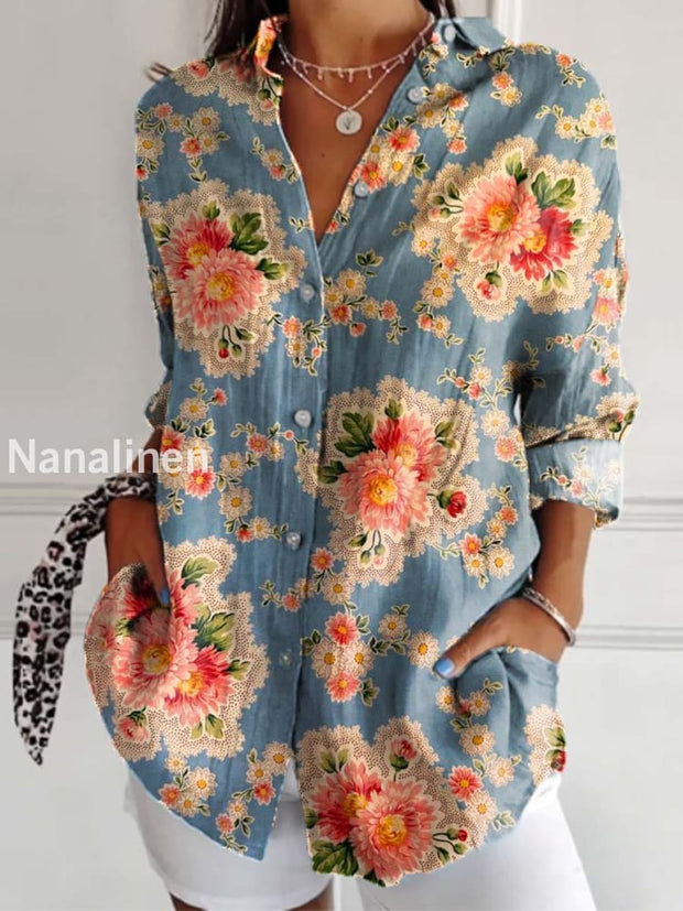 Vintage Fashion Floral Art Print Casual Shirt As picture / S