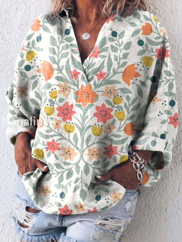 Vintage Fashion Floral Art Print Casual Shirt As picture / S