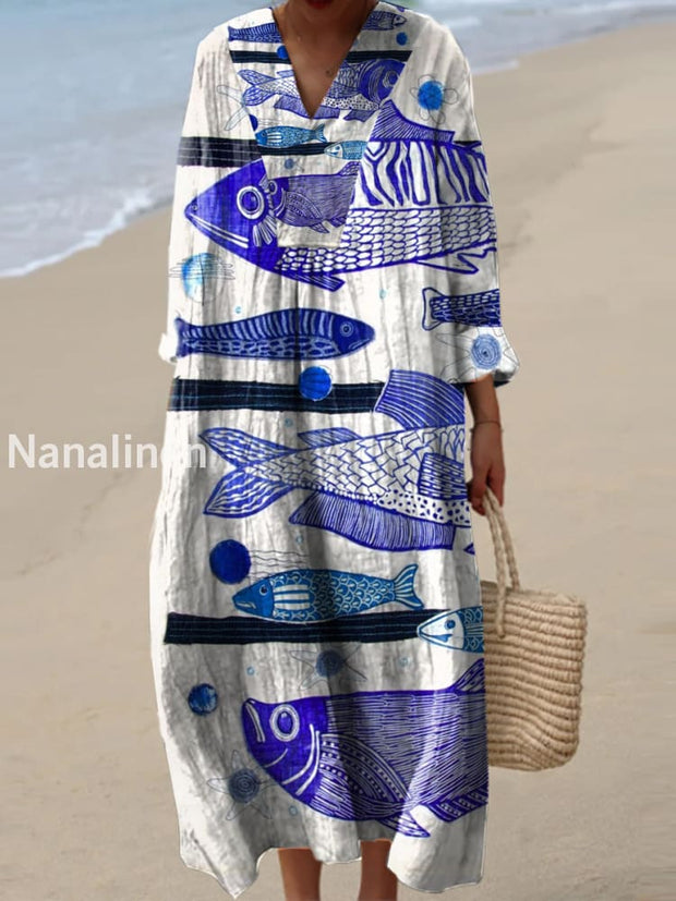 Vintage Fish Art Print V-Neck Elegant Chic Loose Long Sleeve Midi Dress A / S