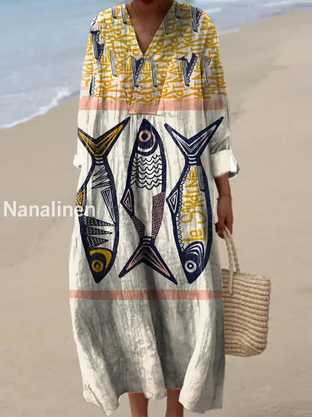 Vintage Fish Art Print V-Neck Elegant Chic Loose Long Sleeve Midi Dress A / S