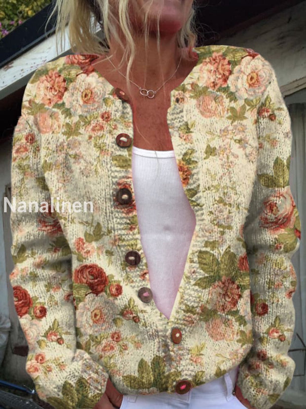 Vintage Floral Art Print Button Cardigan A / S