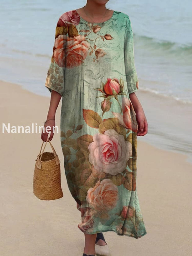 Vintage Floral Art Print Chic Round Neck Three-Quarter Sleeve Elegant Mid-Length Dress A / S