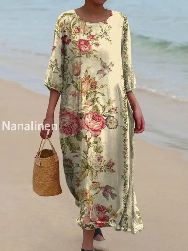 Vintage Floral Art Print Chic Round Neck Three-Quarter Sleeve Elegant Mid-Length Dress A / S