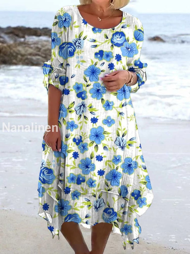 Vintage Floral Art Print Chic Three Quarter Sleeve Round Neck Elegant Midi Dress A / S