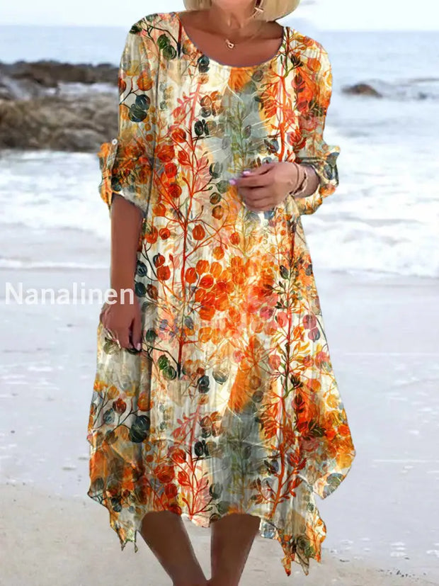 Vintage Floral Art Print Chic Three Quarter Sleeve Round Neck Elegant Midi Dress A / S