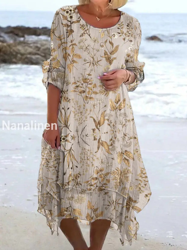 Vintage Floral Art Print Chic Three Quarter Sleeve Round Neck Elegant Midi Dress A / S