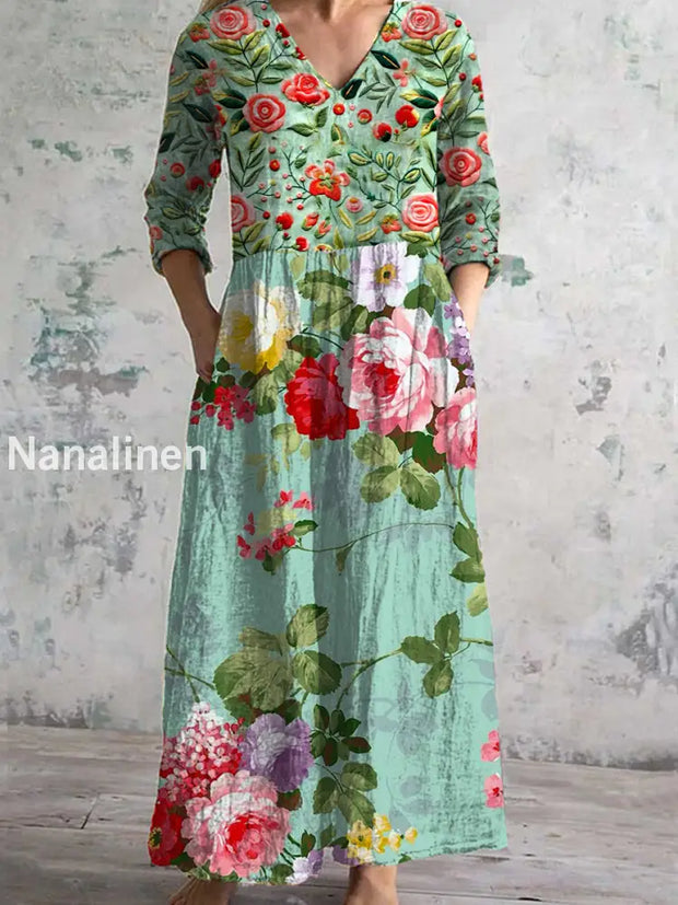 Vintage Floral Art Print Chic V Neck 3/4 Sleeve Elegant Midi Dress A / S