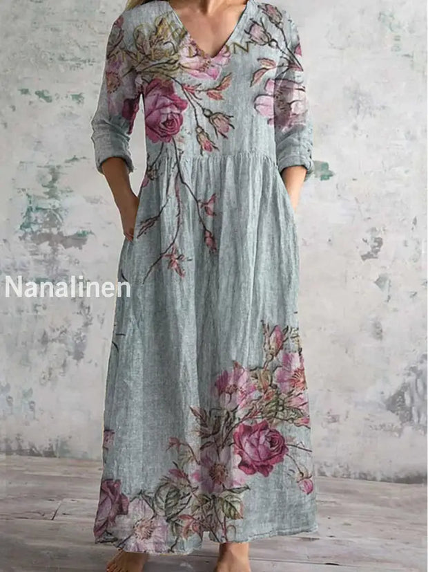 Vintage Floral Art Print Chic V Neck Elegant Midi Dress With Three Quarter Sleeves A / S