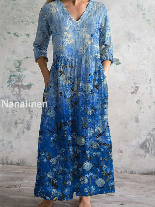 Vintage Floral Art Print Chic V Neck Elegant Midi Dress With Three Quarter Sleeves A / S