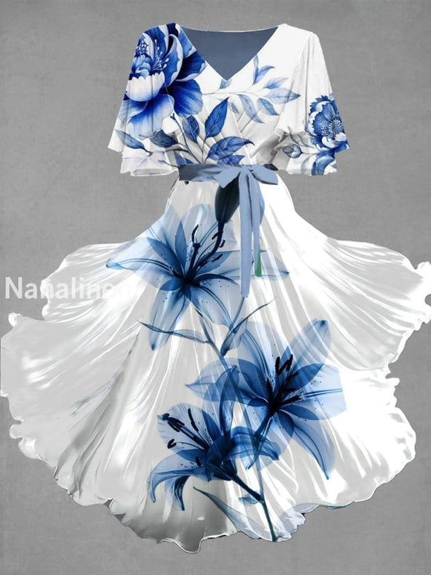 Vintage Floral Art Print Chic V-Neck Short Sleeve Midi Dress A / S