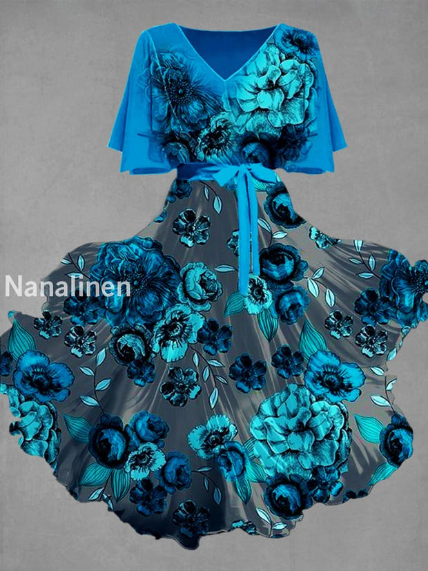 Vintage Floral Art Print Chic V-Neck Short Sleeve Midi Dress A / S