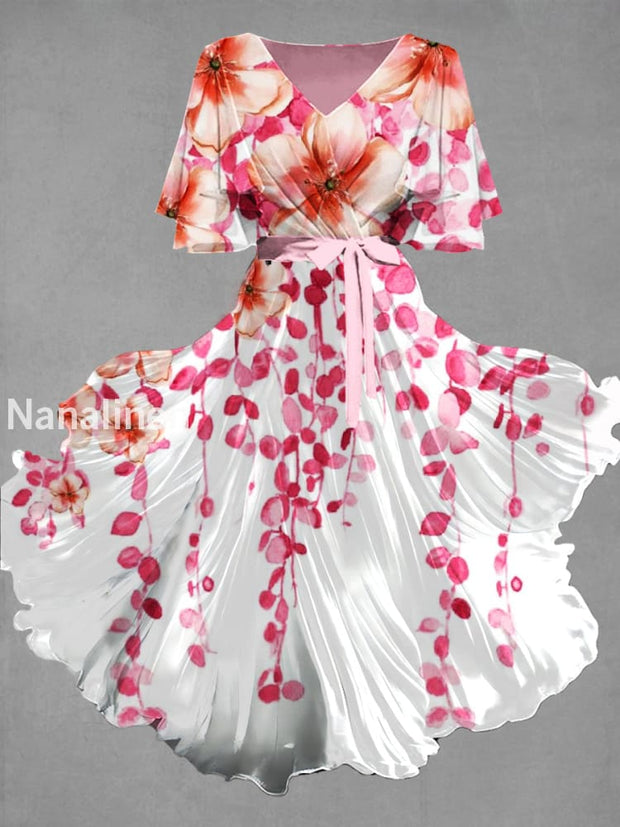 Vintage Floral Art Print Chic V-Neck Short Sleeve Midi Dress A / S