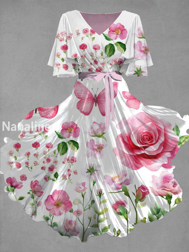 Vintage Floral Art Print Chic V-Neck Short Sleeve Midi Dress A / S