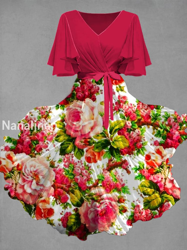 Vintage Floral Art Print Chic V-Neck Short Sleeve Midi Dress A / S