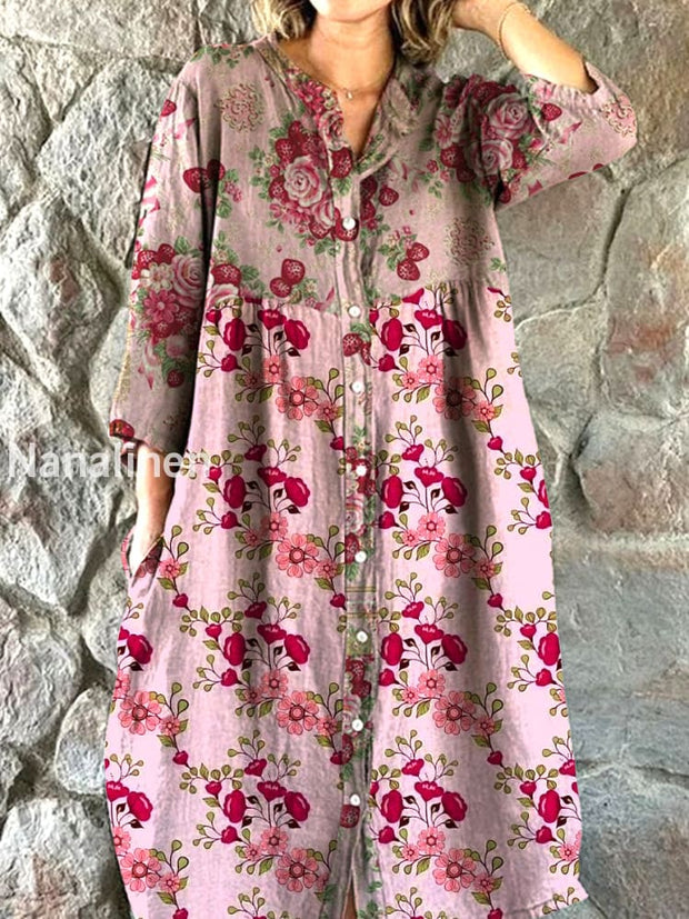 Vintage Floral Art Print Chic V Neck Three Quarter Sleeve Button Elegant Midi Dress A / S