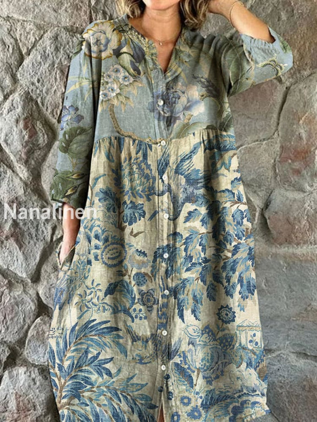 Vintage Floral Art Print Chic V Neck Three Quarter Sleeve Button Elegant Midi Dress A / S