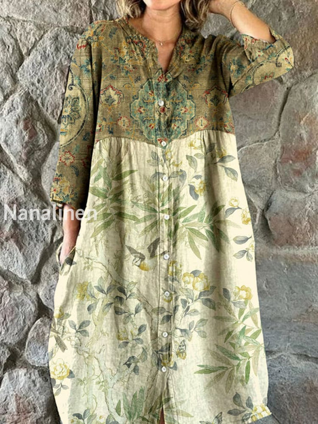 Vintage Floral Art Print Chic V Neck Three Quarter Sleeve Button Elegant Midi Dress A / S