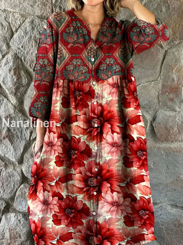 Vintage Floral Art Print Chic V Neck Three Quarter Sleeve Button Elegant Midi Dress A / S