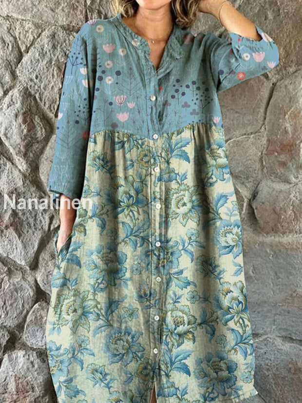 Vintage Floral Art Print Chic V-neck Three Quarter Sleeve Button Elegant Midi Dress A / S